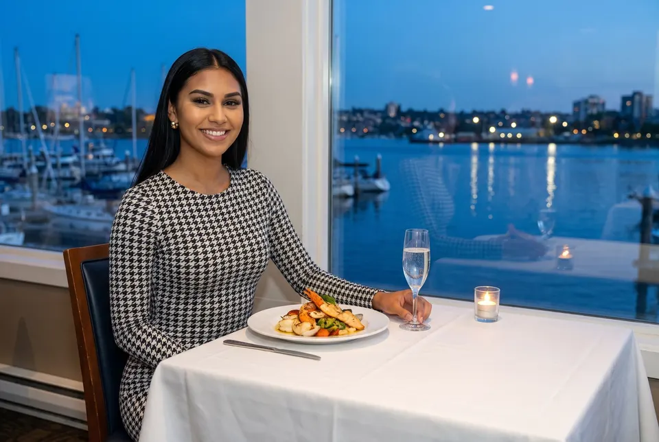 Mira Dauphinee sits at a white-clothed table by a tall window over a harbour at dusk, a plated seafood dinner and a glass of sparkling water in front of her.